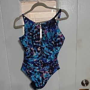 Magic Suit Womens Swimsuit Tye-Dye Ruched Tummy Control Plunging 12-14??GUC READ